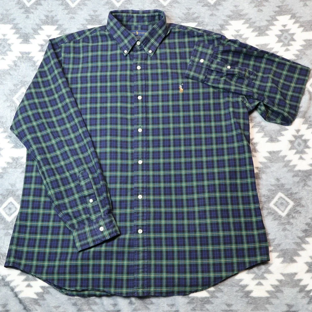 Polo Ralph Lauren Mens XXL Classic Fit Plaid Button Down Shirt Navy Green Cotton